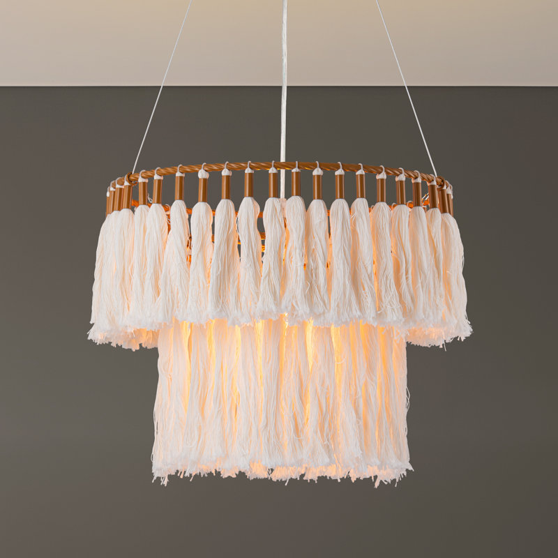 1-light Yellow Ochre Cotton Fringes Tiered Chandelier Ceiling Light
