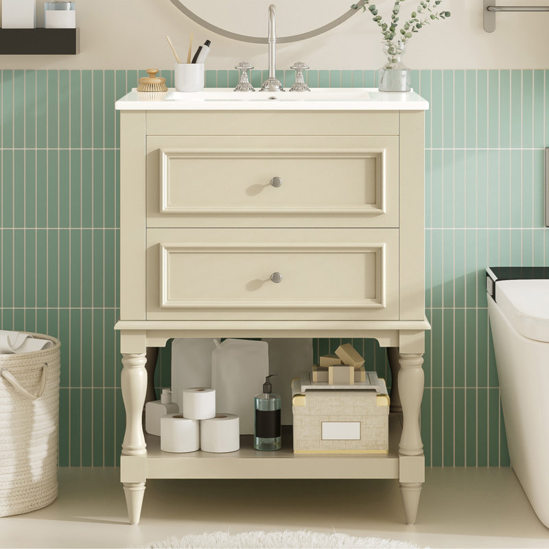 Meuble-lavabo de salle de bain 24 po avec lavabo en céramique, Beige