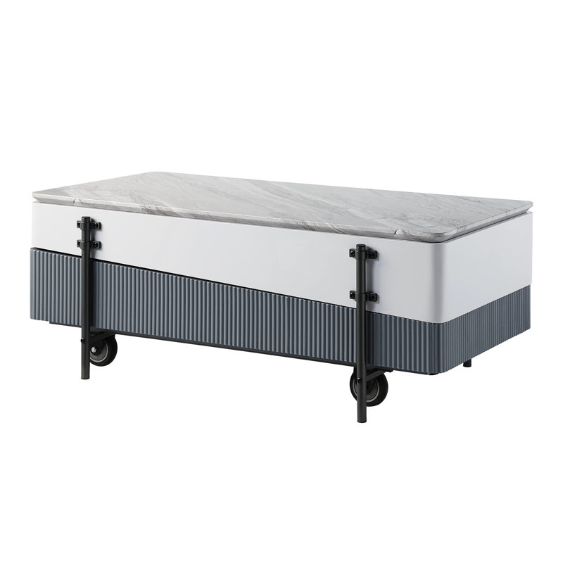 Table basse moderne grise et blanche avec surface relevable et boîte de rangement dissimulée