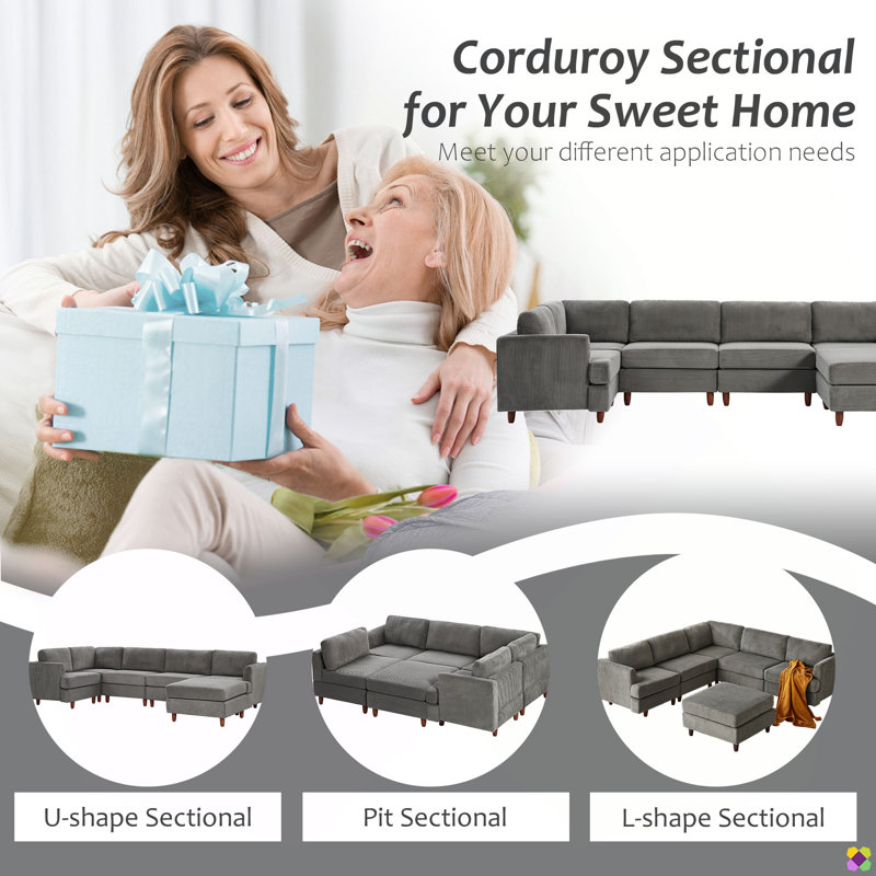 Wartow 95.6"W Modular Corduroy L-shape U-shape Sectional, Dark Gray Corduroy