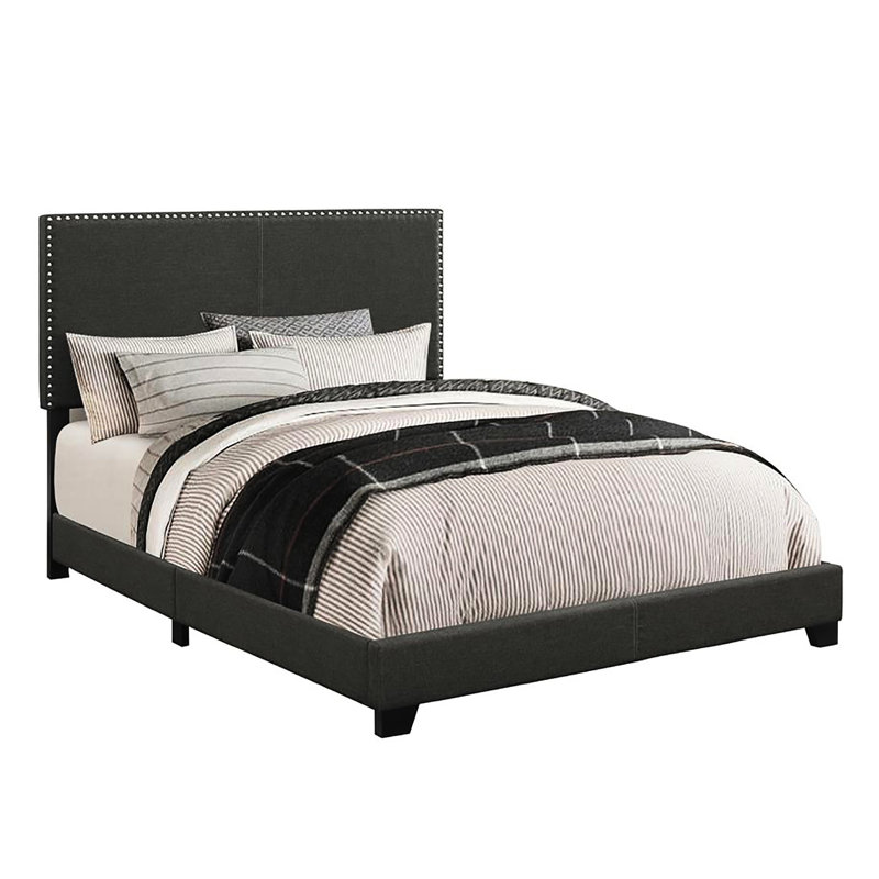 Chambre à coucher lit double gris anthracite avec construction et pieds élégants en bois massif décoratifs, Lit double