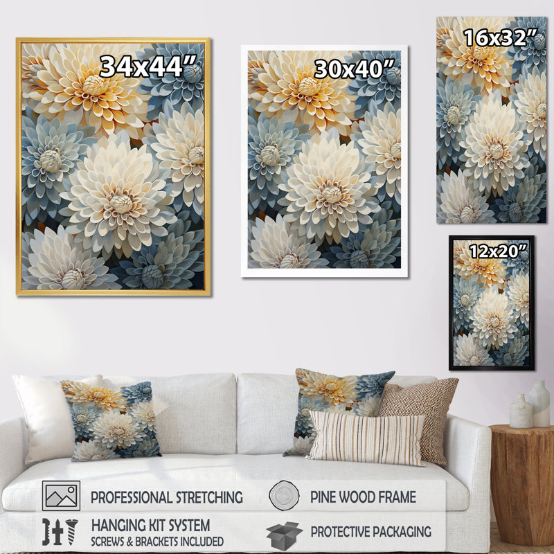 «Mums Blue and White Elegance», reproduction sur toile, Cadre flottant doré, H 44 po x l 34 po x P 1,5 po