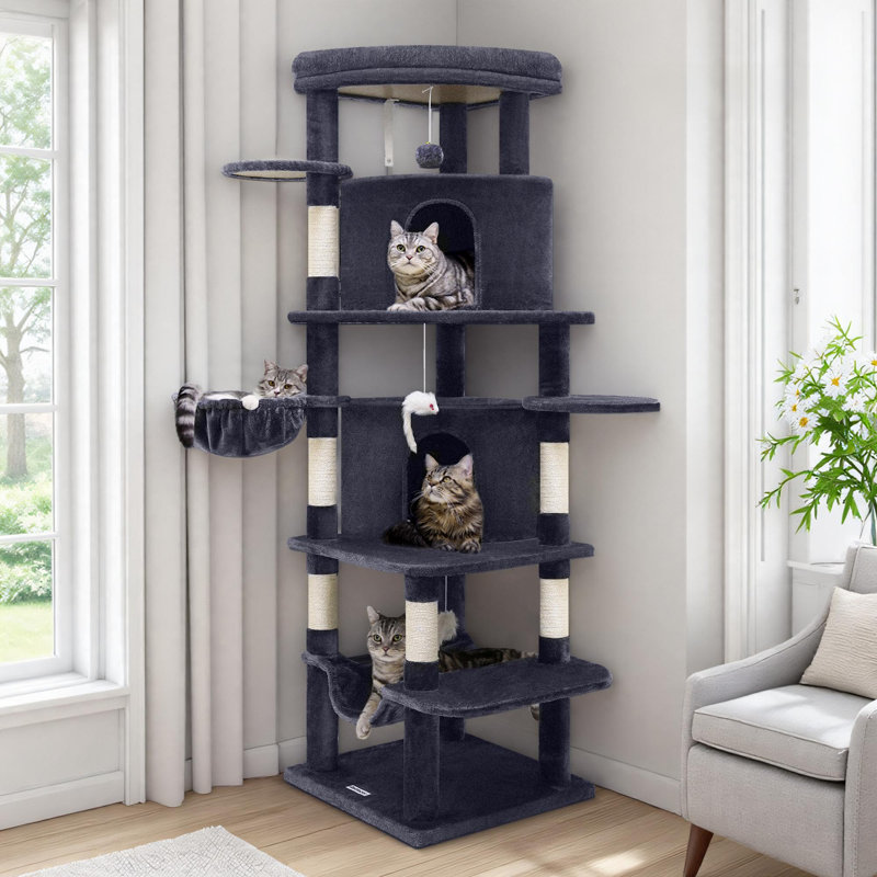 Arbre à chat multi-couches de 66 pouces robuste, pouvant accueillir 4 à 5 chats, avec 2 condos, des poteaux à griffer en sisal et un hamac, une structure stable et un arbre à chat d'intérieur peu encombrant.
