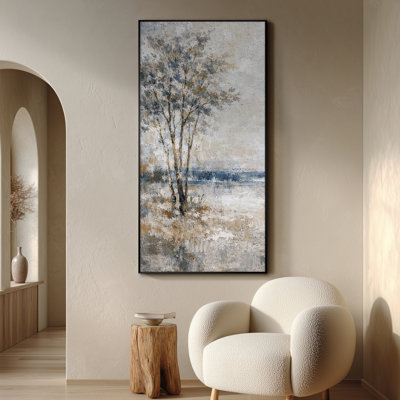 Très grande reproduction d'art sur tissu mural - Paysage de rivière en forêt monochrome brumeux pour le salon ou la chambre à coucher - «Assemblage requis du cadre (cadre non fini)»