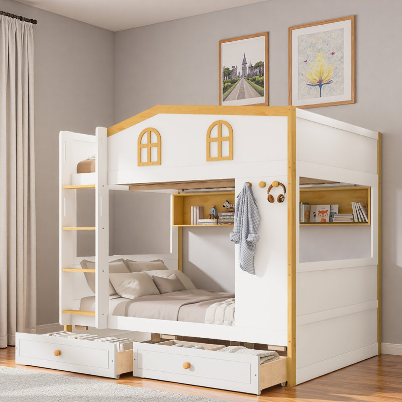 Lit superposé avec garde-corps en forme de maison, tablettes de rangement et tiroirs, Simple sur simple