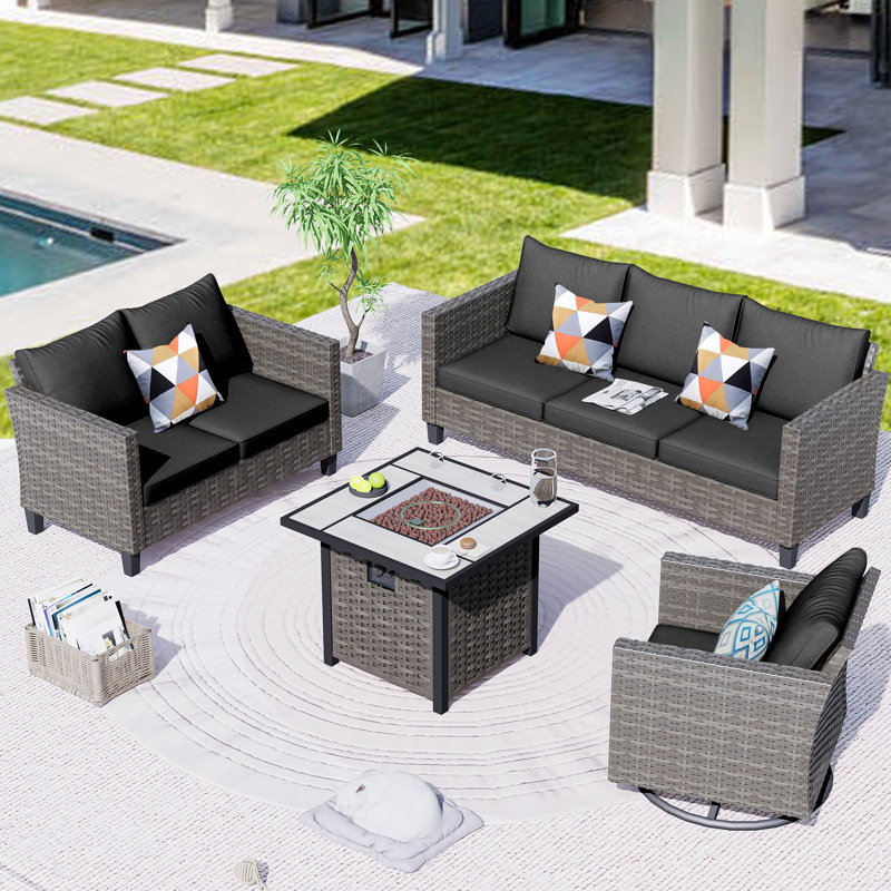 Meriyah Premium All-Weather Wicker 6 - Person Patio Conversation Set with Cushions, Black