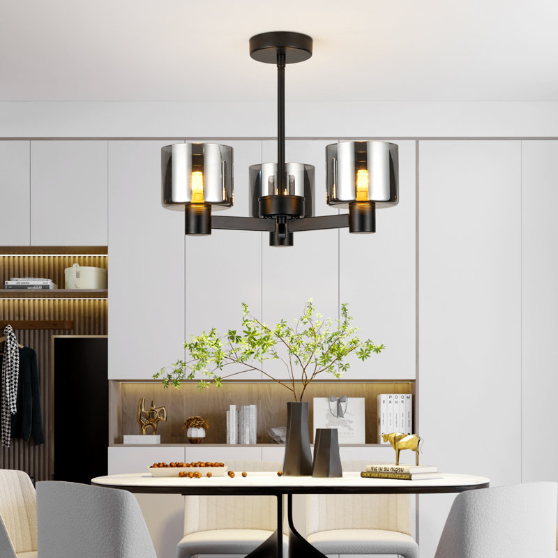 Glass Semi Flush Mount, 3 Lights, Grey, Matte Black