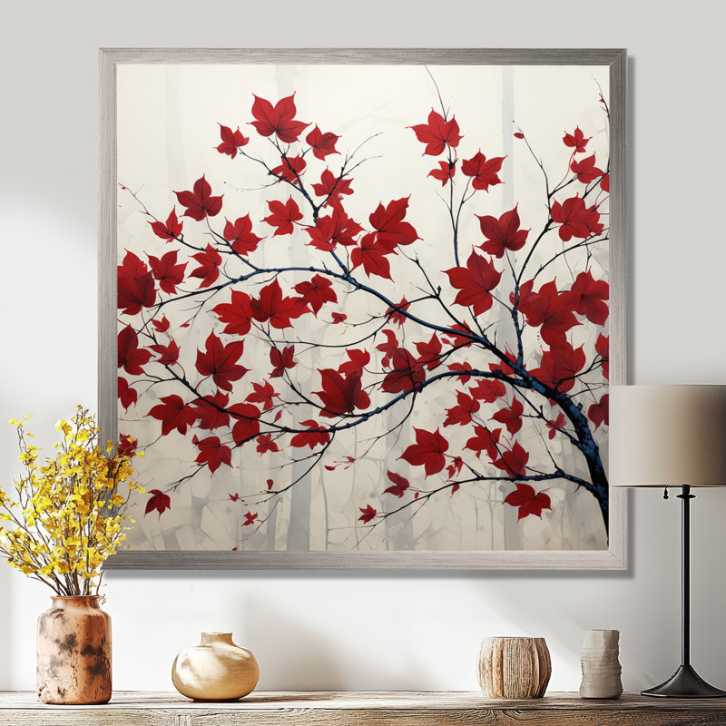 Red Leaves Scarlet Simplicity - feuilles, art mural encadré, H 24 po x l 24 po x P 1 po, Cadre simple argenté