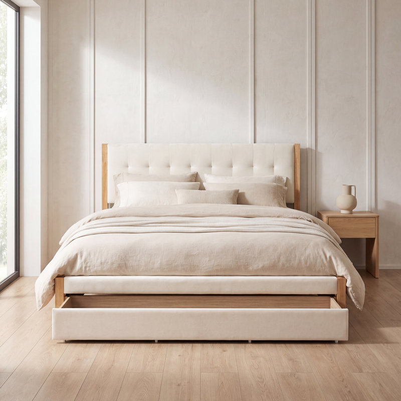 Très grand lit plateforme en bois massif avec tiroirs de rangement Lunara Vault Upholstery, King
