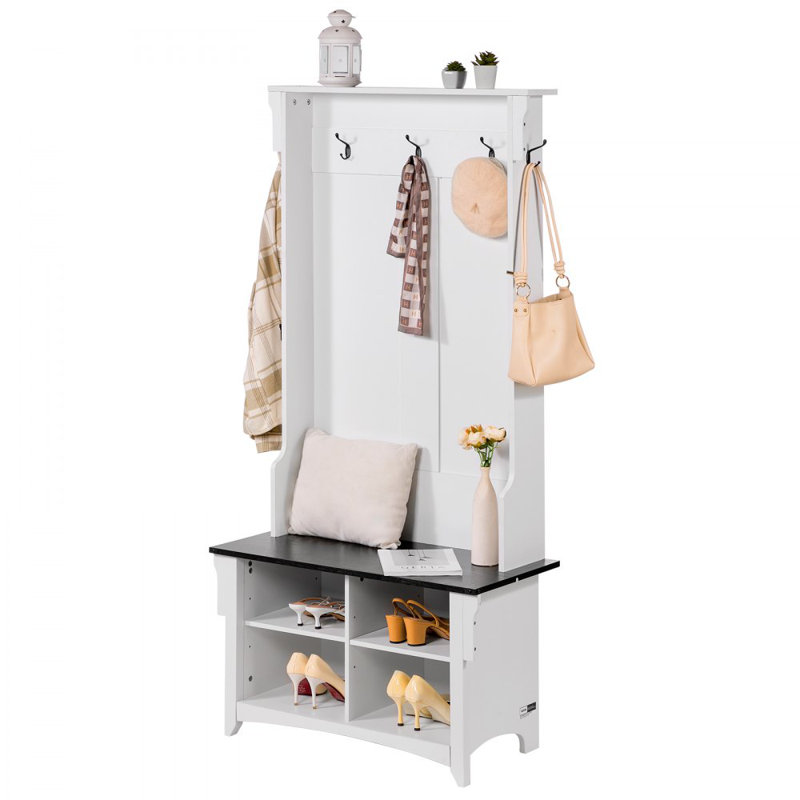 Hall Tree Entryway Bench, Coat Rack with Shoe Storage, 32" Wide Mudroom bench with Storage and Seating, Adjustable Shelves and 5 Hanging Hooks with 4 Storage Drawers,for Mudroom,Entryway,Hallway