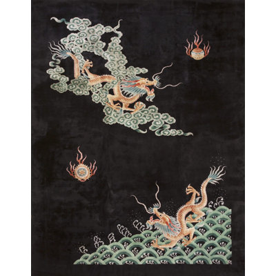 Tapis chinois antique en laine taille dragon noir Art Deco