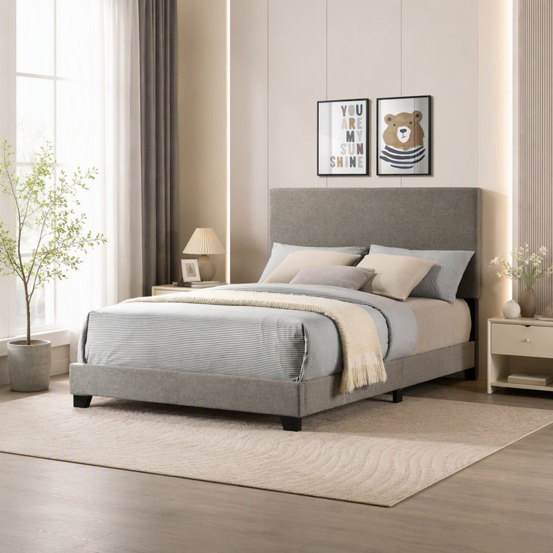 Lit rembourré Efram Taupe à panneaux complets, Double