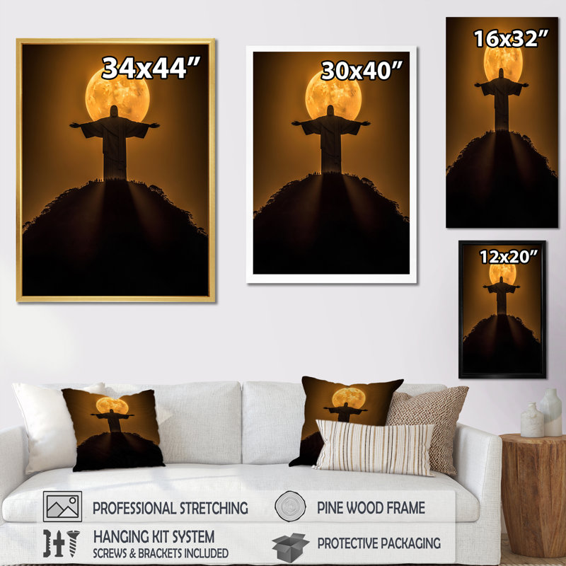 Supermoon Over Christ the Redeemer In Rio I - Christianism, art mural encadré, Toile tendue, H 40 po x l 30 po x P 1,5 po