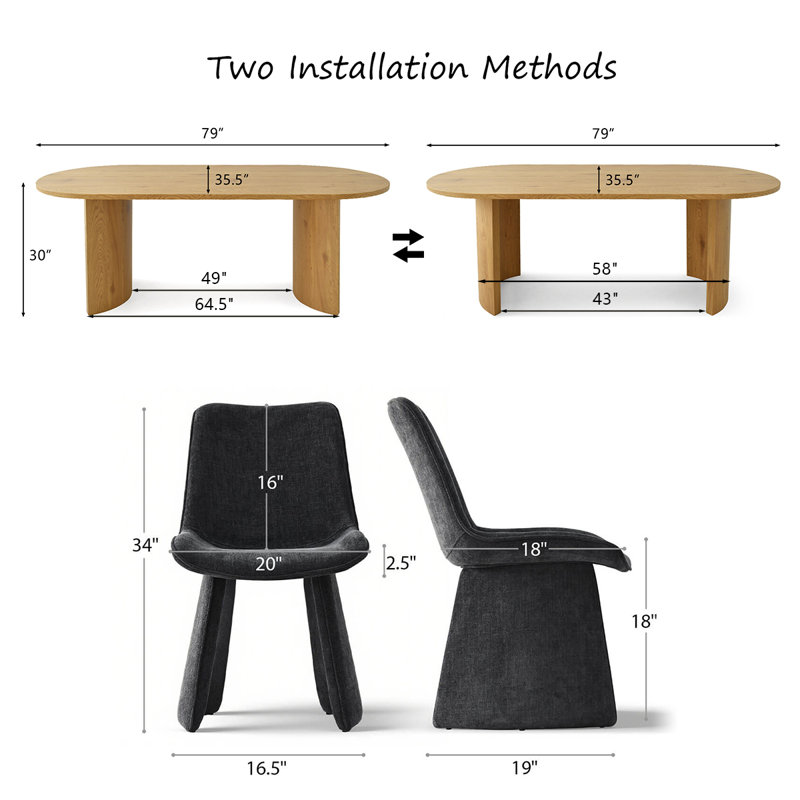 79" Oval Dining Table Set For 8, Modern Wood Grain Dining Room Set With Upholstered Dining Chairs, Black