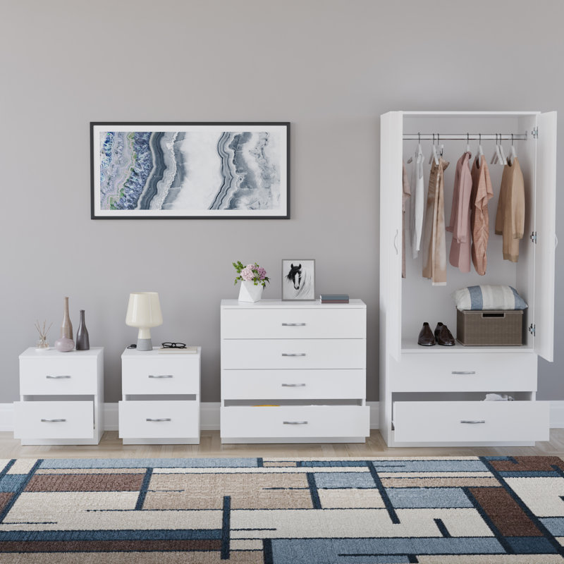 Tayce 4 Piece Bedroom Set (2 Drawer Bedside Chest X2, 4 Drawer Chest, 2 Door 2 Drawer Wardrobe), White