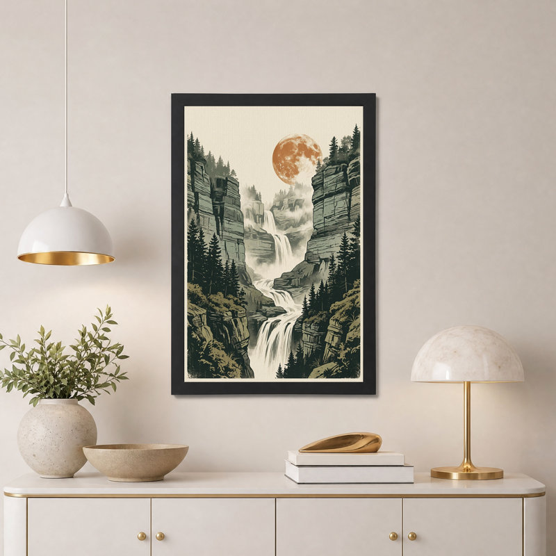 Toile murale représentant une cascade en forêt sous une grande lune rouillée, H 30 po x l 20 po