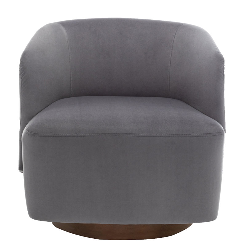 Gray Velvet Swivel Barrel Chair with Wood Base