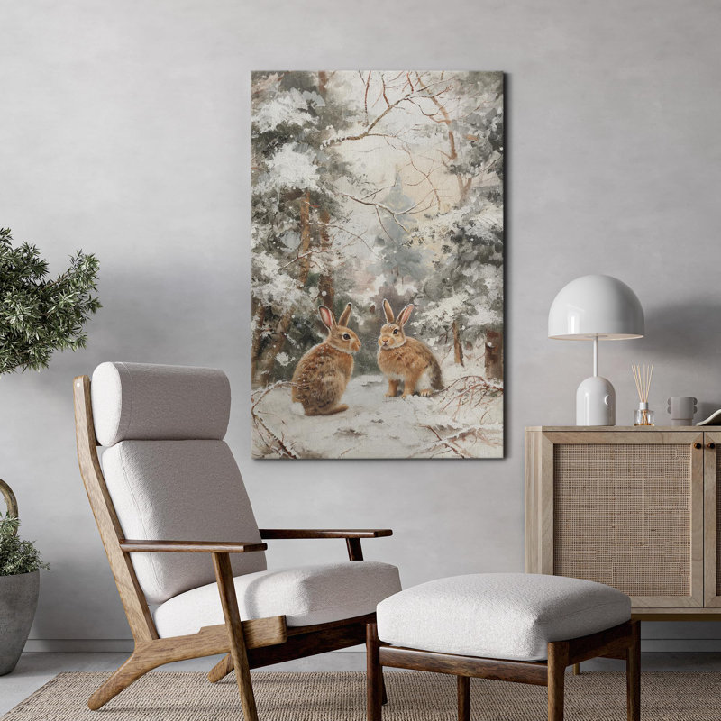 Paisible forêt d'hiver avec adorables lapins bruns dans un paysage enneigé, art moderne chaleureux, Toile tendue