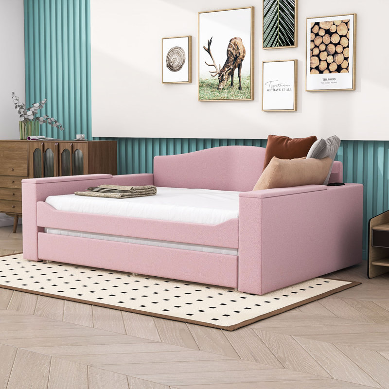 Wood Upholstered Daybed with Integrated Bluetooth Audio System, Storage Armrests and Trundle, Gray, Full