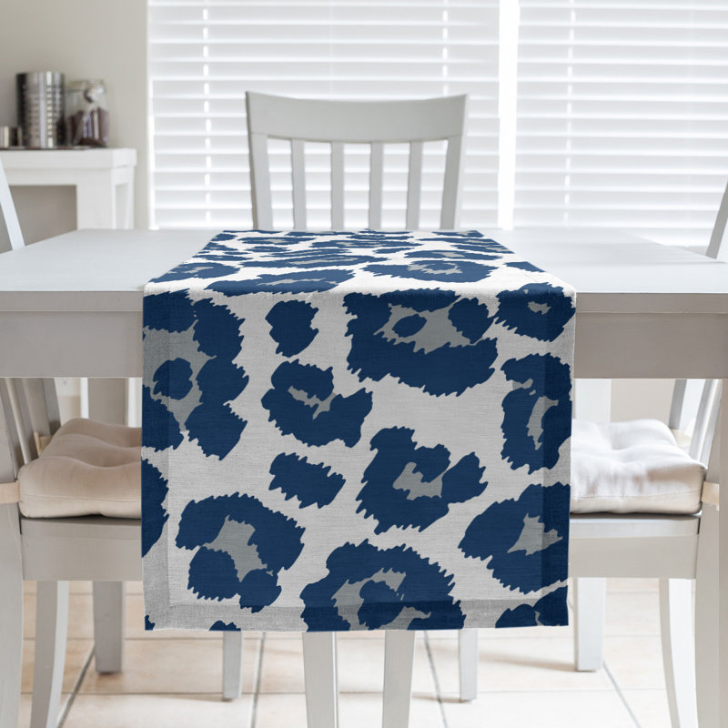 Animal Print Table Runner, 90" x 16", White/Light Blue/Gray