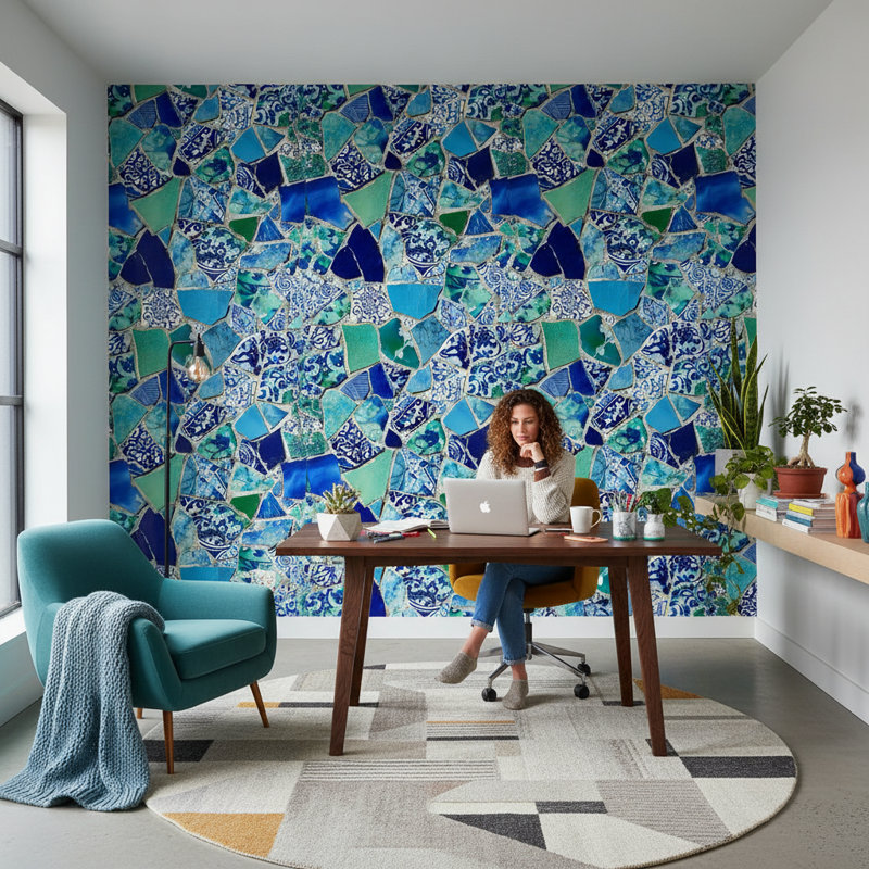 Papier peint mosaïque murale en céramique bleue