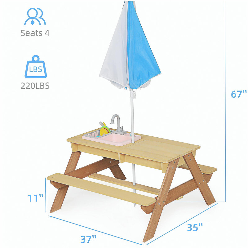 Table de pique-nique en bois pour enfants, table de sable et d'eau avec parasol, table d'activités pour jouer sur la terrasse