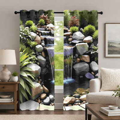 2Pcs Waterfall and Rockery Pattern Curtains, Scenic Landscape Print Curtain, Nature Inspired Garden Style Grommet Drapes, Window Treatment for Bedroom Living Room Decor
