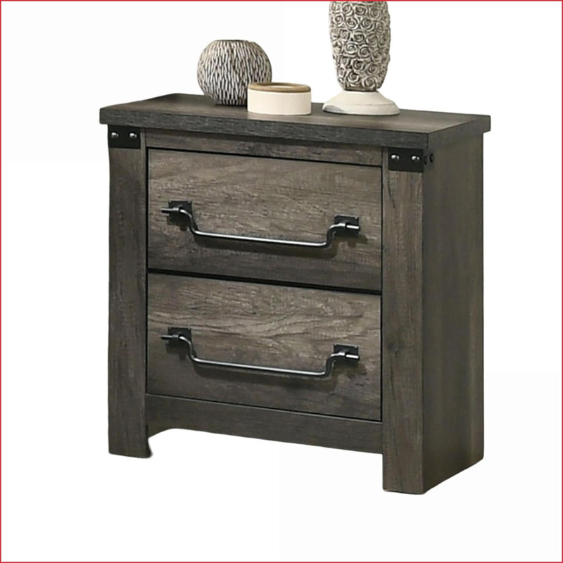 Rustic Gray Farmhouse Wood Nightstand with Antique Brass Handles