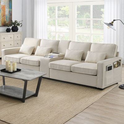 Canapé rembourré avec console, 2 porte-gobelets et 2 ports USB câblés ou sans fil, canapé en tissu de lin avec 4 coussins pour salon, appartement (4 places)