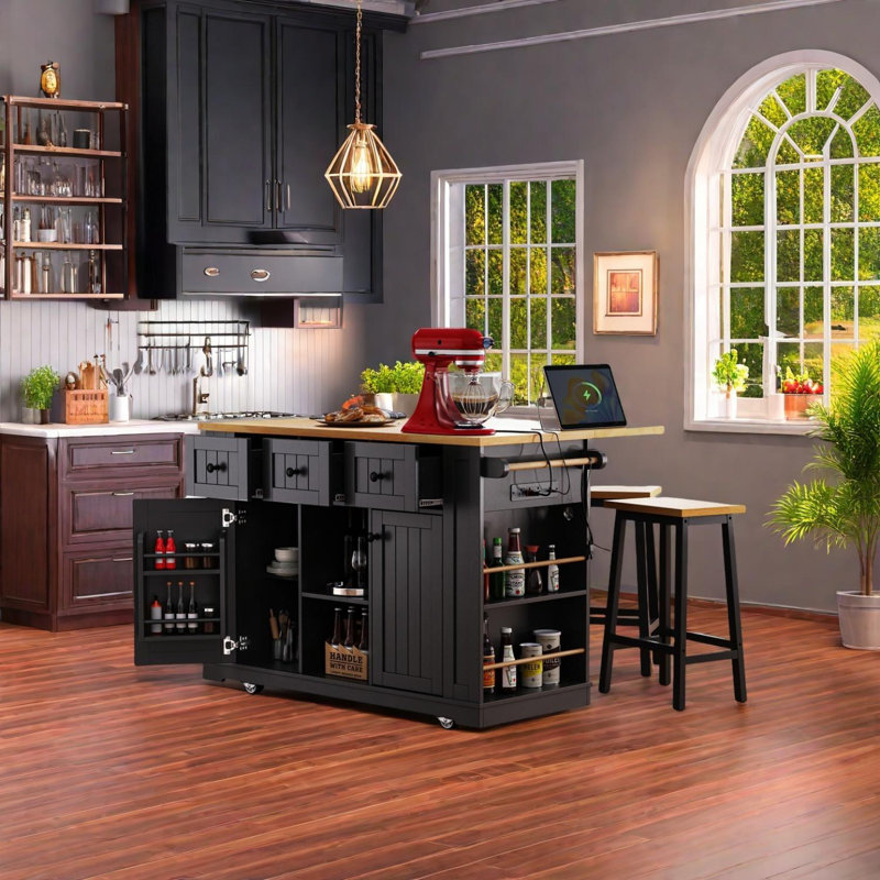 53-inch Large Kitchen Island Set with Bar Stools and Power Outlet, Black