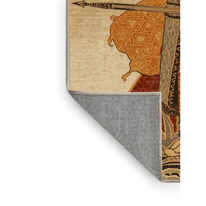 Tapis traditionnel beige lavable à la machine imprimé à motif de banderoles de guerre Coalmont, 3 X 5