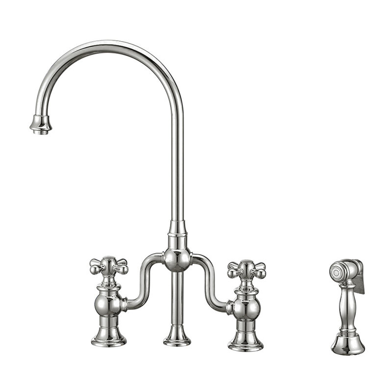 Whitehaus Collection Bridge Faucet with Gooseneck Swivel Spout and Solid Brass Side Spray, Polished Chrome, Cross Handle