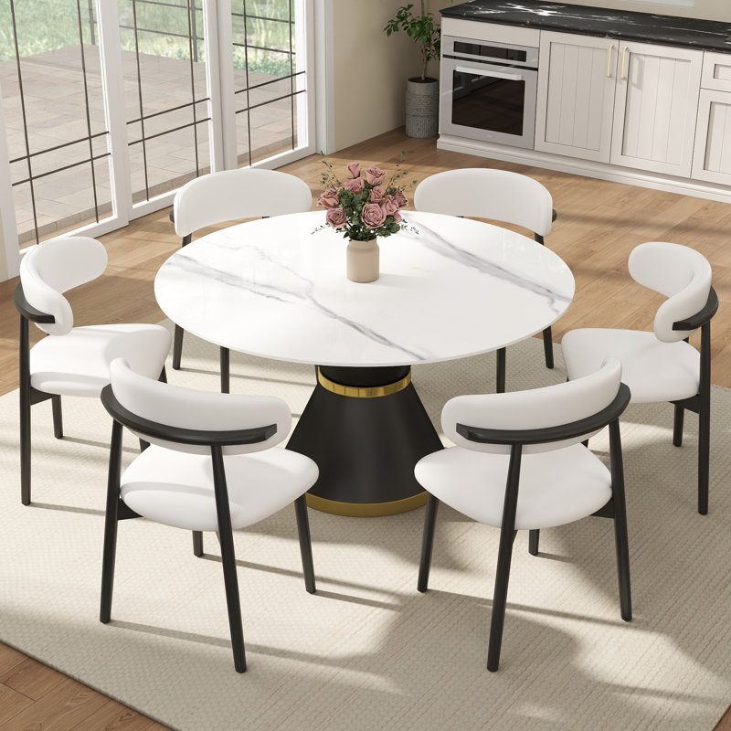 Ensemble de salle à manger rond 7 pièces en pierre frittée avec 6 chaises de salle à manger en similicuir, White