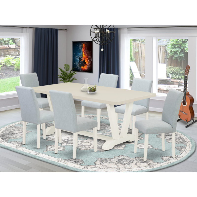 L'ensemble de salle à manger 7 pièces comprend une table en bois blanc lin et 6 chaises Parson en tissu bleu bébé à haut dossier - Lin brossé blanc