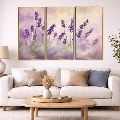 Toile florale mauve, art mural lavande - brise de jardin lavande, ensemble de 3 toiles encadrées, décor floral moderne