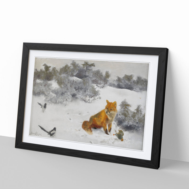 Fox and Magpies by Bruno Liljefors - Picture Frame Painting, 36cm H x 48cm W x 2cm D, Black Framed