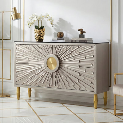 63'' White Buffet Sideboard,4 - Door Sunburst Design Dining Room Sideboard,Modern Buffet cabinet