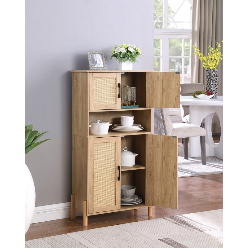 Armoire de rangement à 4 portes avec portes en rotin tissé et tablettes réglables