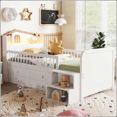 Lit mezzanine simple bas avec lumières DEL, tête de lit et tiroirs de rangement