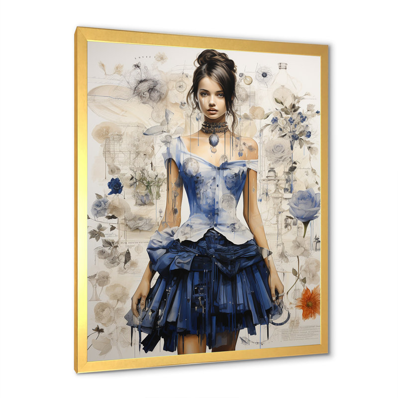 Dessin de robe haute couture sur toile, Cadre doré simple, H 20 po x l 12 po x P 1 po