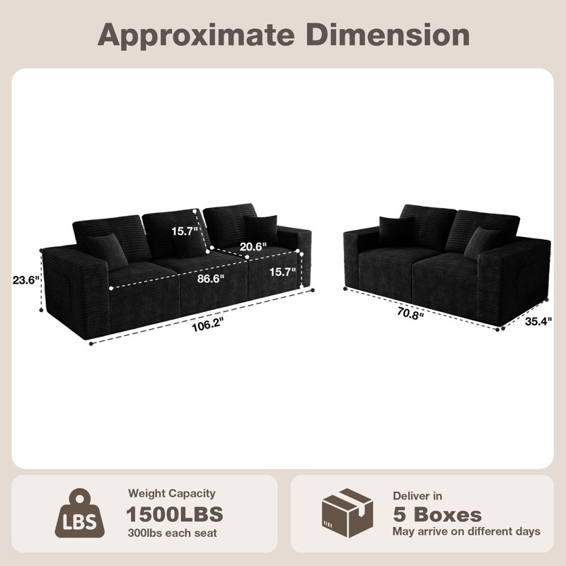106" Small Living Room Set For 5, Compression Sofa, Black Corduroy, 2 Pcs: Loveseat, Sofa