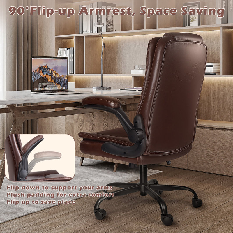 Grande et haute chaise de bureau 400Lbs avec accoudoirs relevables rembourrés, Brun