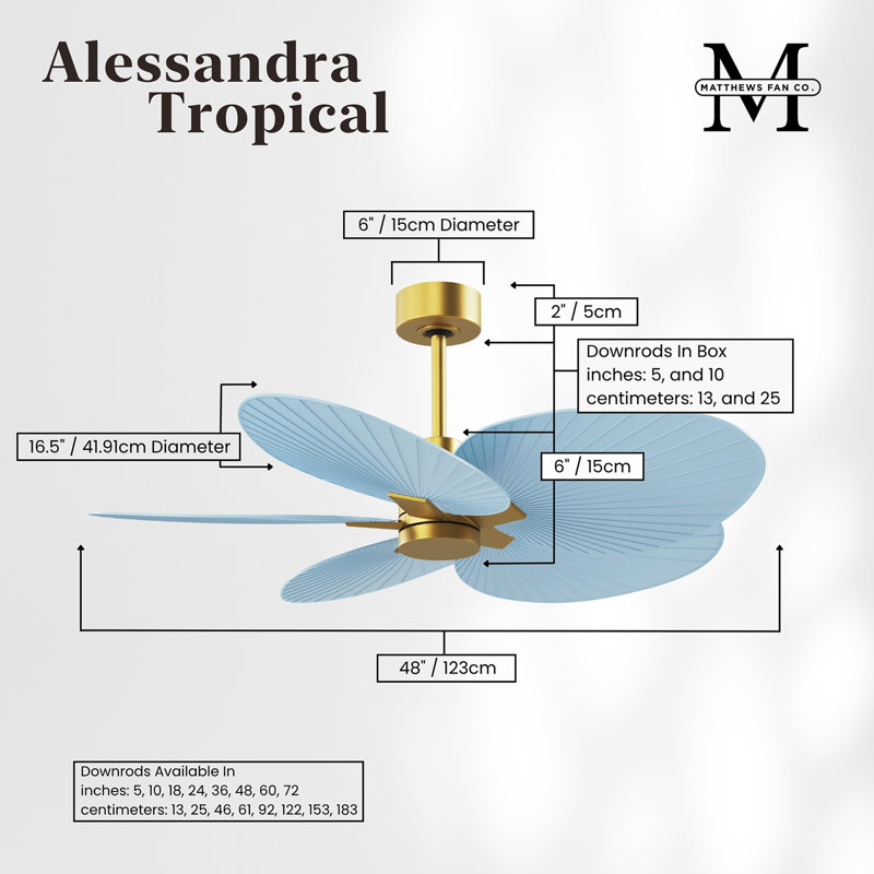 Alessandra - Ventilateur de plafond à cinq pales, Bleu clair, Laiton brossé