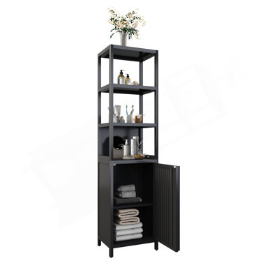 BLACK  Storage Tall Slim Cabinet With Shutter Door And 3 Tier Shelves, Freestanding Linen Tower Cabinet For Living Room, Kitchen, Bathroom Organizer, Natural Bamboo