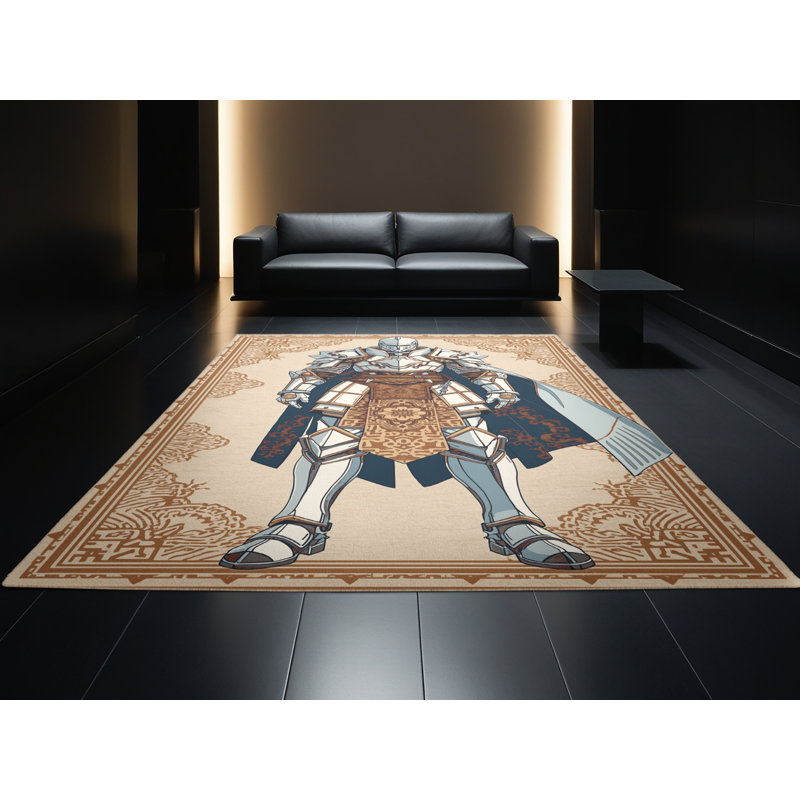 Soft Plush Duren Ice Armor Warrior Classic Oriental Area Rug in Beige – Beige Binding, 5x8