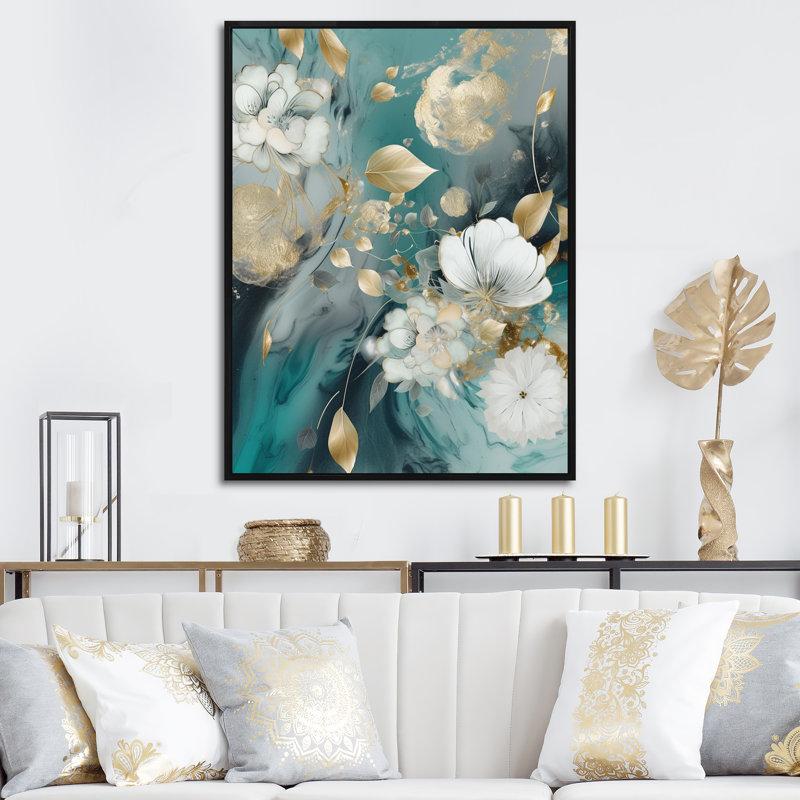 Fleurs de marbre bleu doré II - impressions sur toile florales, H 20 po x l 12 po, Cadre flottant noir