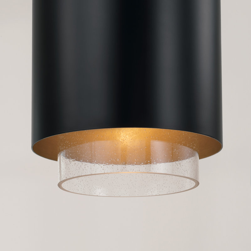 11.50"W x 19.50"H 1-Light Cylindrical Metal Pendant with Seeded Glass, Matte Brass/Black