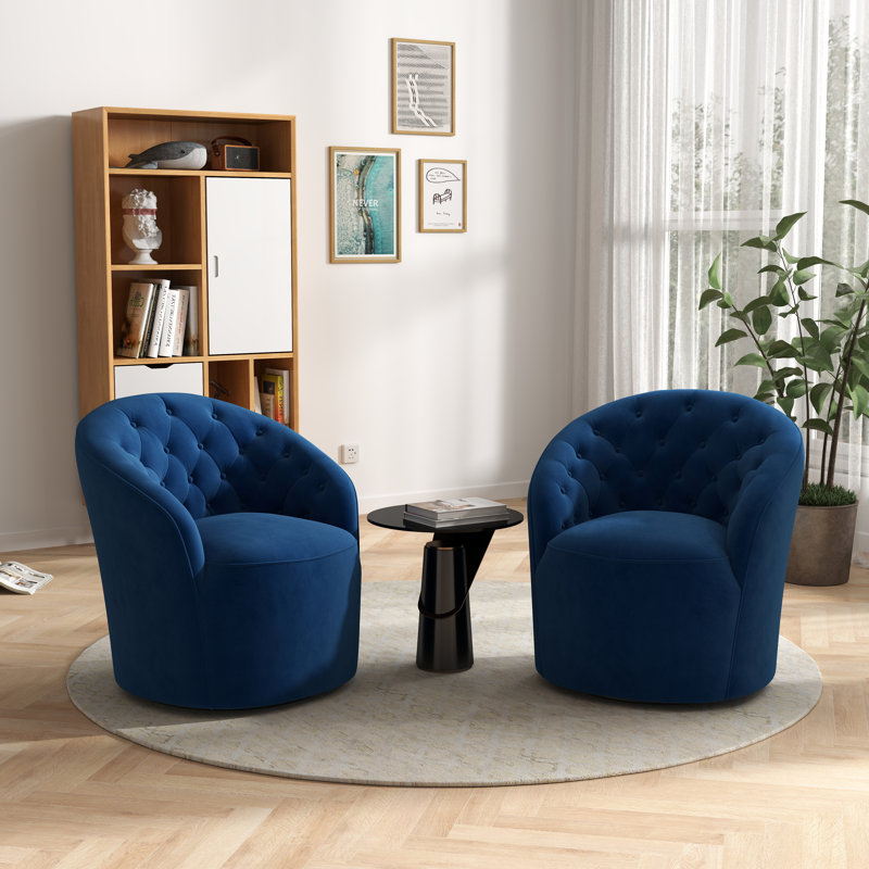 Fauteuil demi-tonneau pivotant en velours de 29 po Kehr, Velours bleu marine