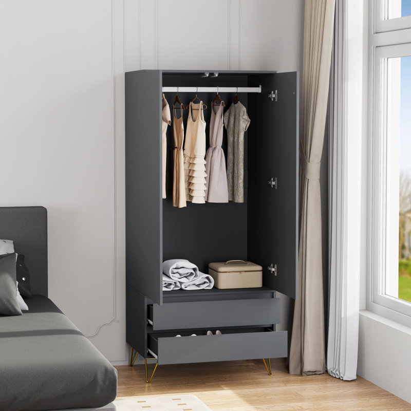 Almaas 2 Door Manufactured Wood Wardrobe, 186cm H x 81.5cm W x 53cm D, Gray