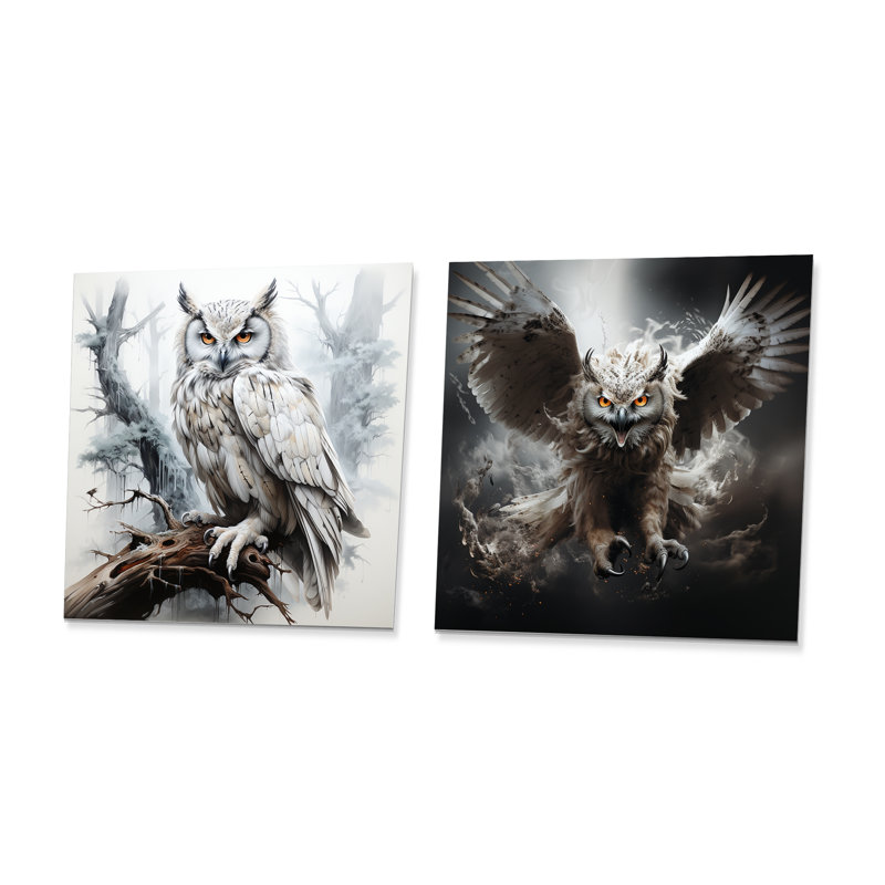 Portrait de hibou noir et blanc I, H 29 po x l 58 po